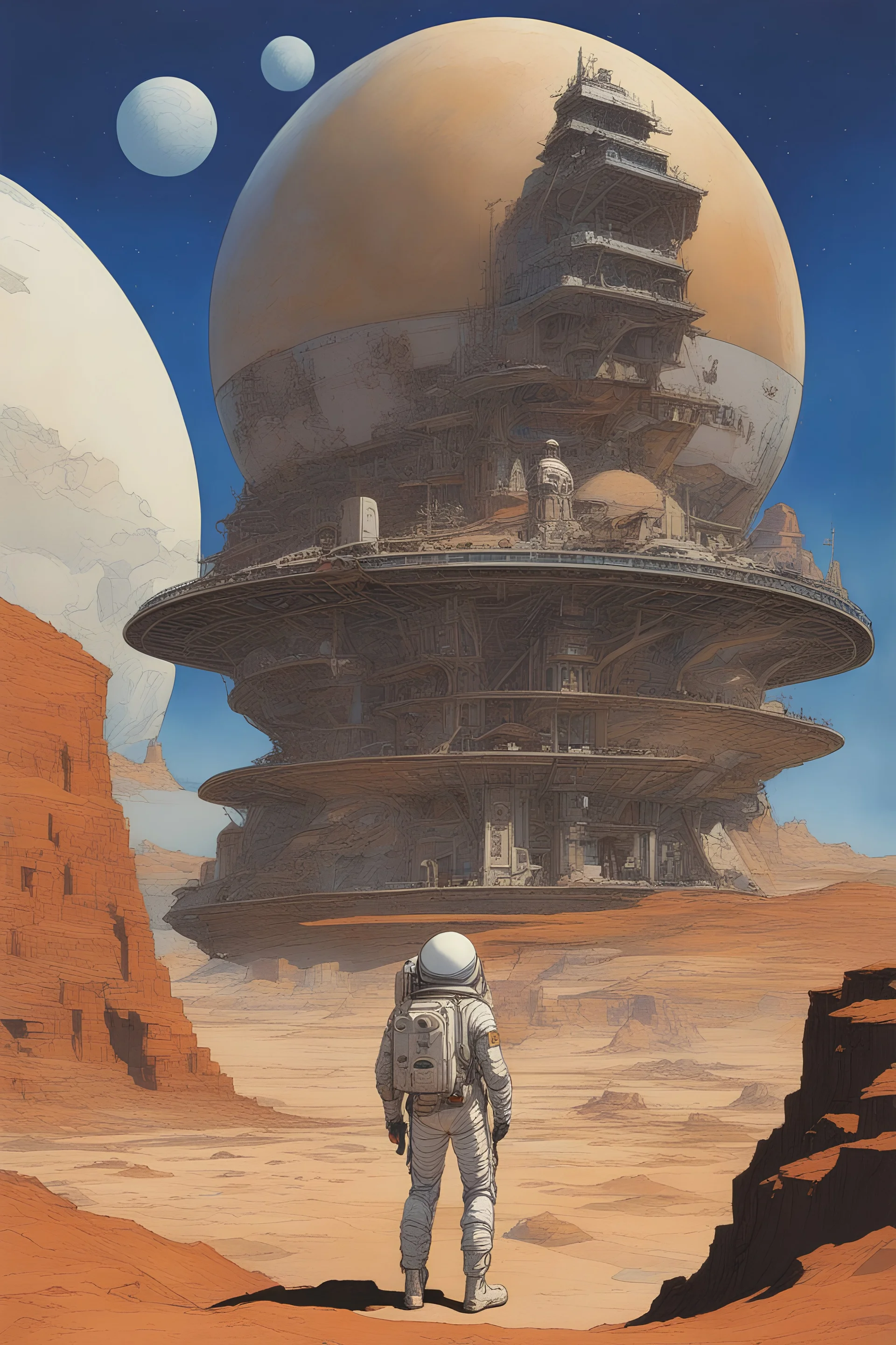 Gary A. Lippincott, Abraham Sharp, Michael Kaluta, Surreal, mysterious, bizarre, fantastical, fantasy, Sci-fi, Japanese anime, giant egg on Mars, expedition, beautiful girl in a space suit, ancient ruins on an alien planet, detailed masterpiece