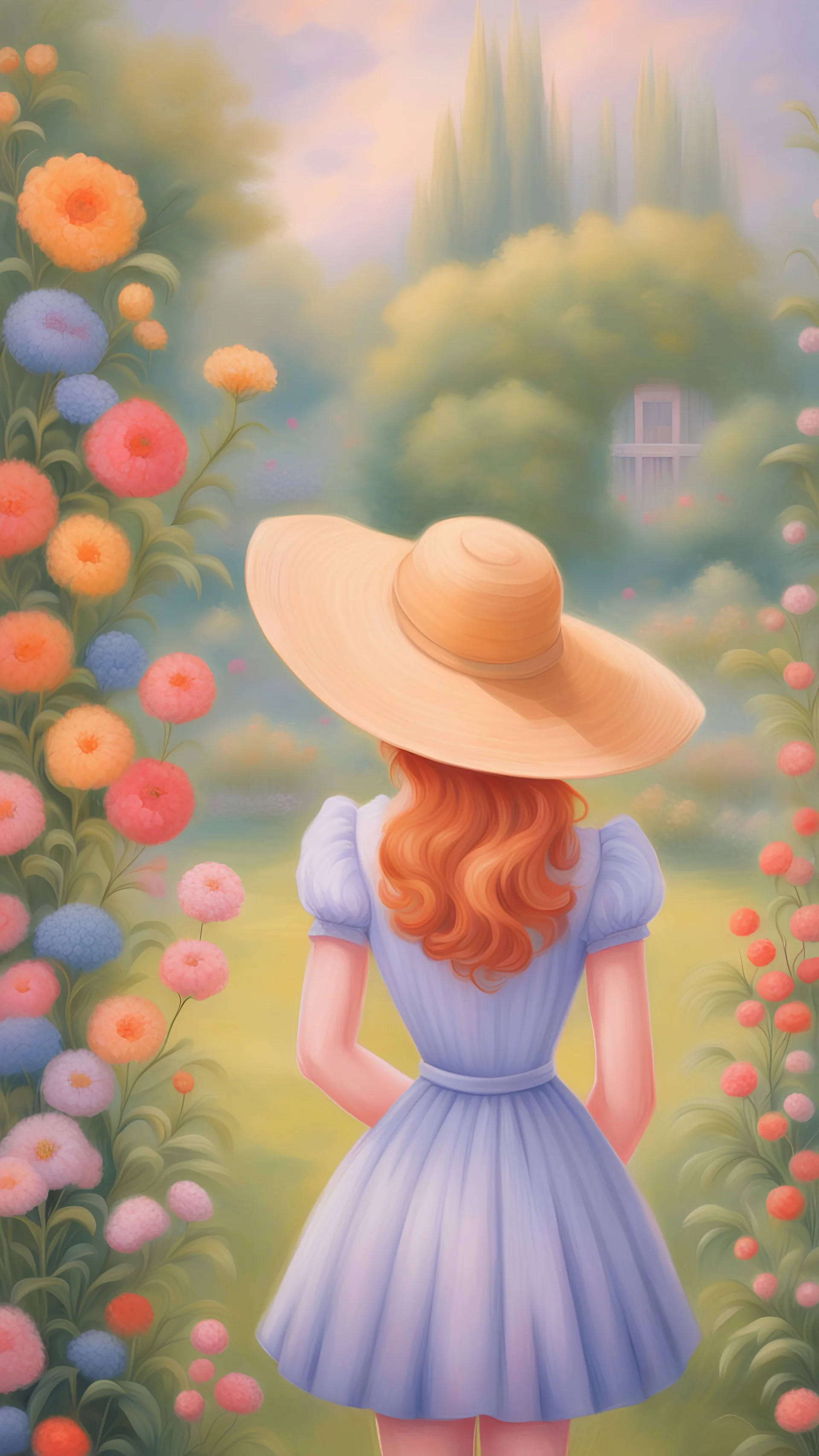 Painting of Anne Shirley standing from behind in a garden, young girl, oil painting, beautiful painting, dream, garden background, Anne Shirley standing from behind, she put a summer hat on her head, illustration, colorful, fantasy painting, gouache painting,vintage, 1940s, inspired oil painting by Jeremiah Ketner