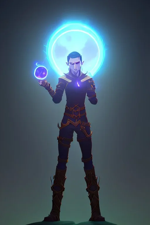 an elf wizard who is holding a glowing orb, in a city at night