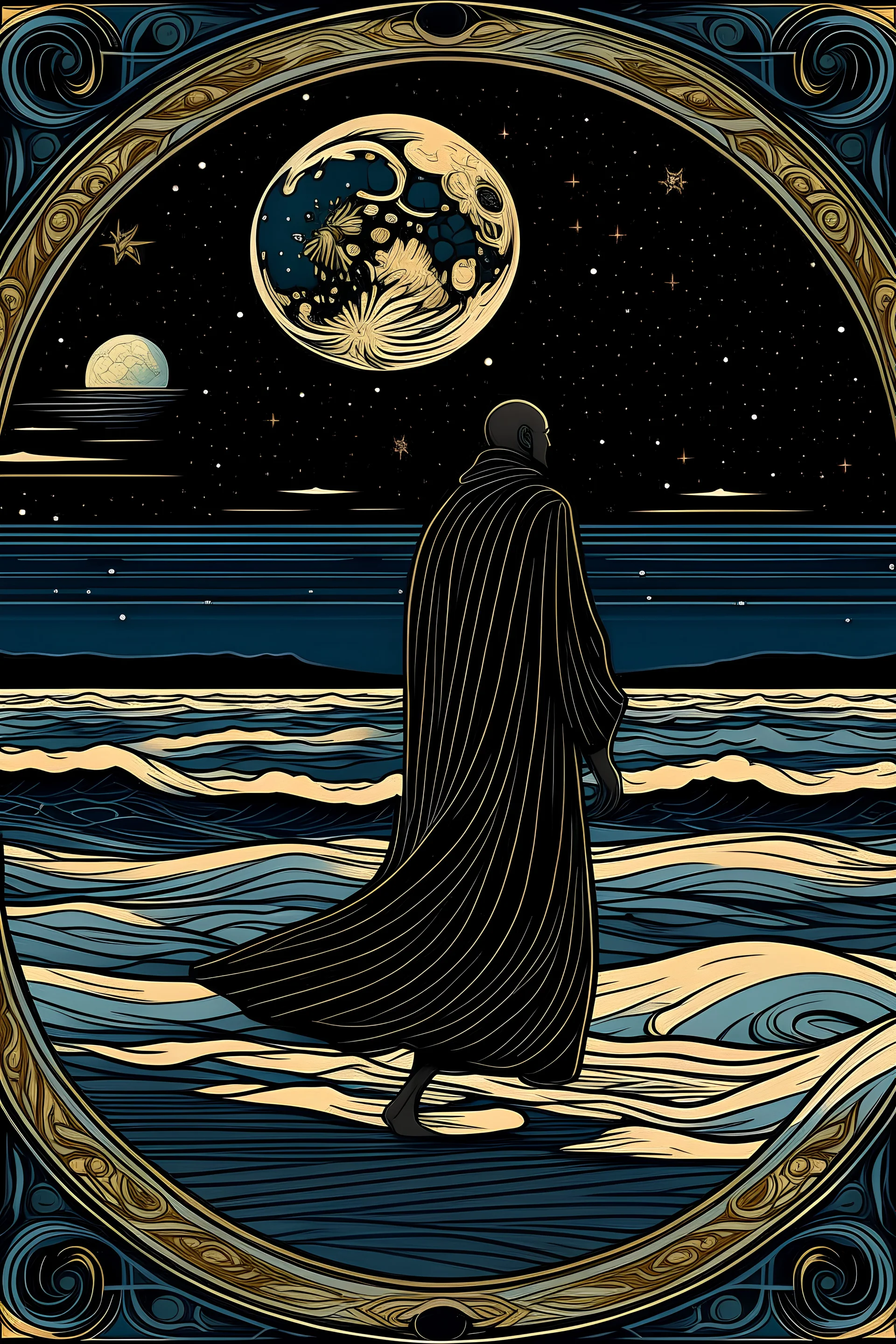 Dominikanermönch in schwarzer Kleidung läuft auf dem Meer, im Himmel sind die Sterne und der Vollmond zu sehen, im Jugendstil.