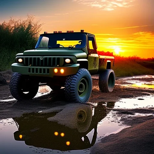 stylized hyperrealistic shot, muddy aggressive military toy truck, monotone color palette, sharp focus, puddle reflection, tire water splash, refraction, mist on the horizon, sunset, rocks background, detailed and intricate, cinematic composition, micro, tilt shift photography