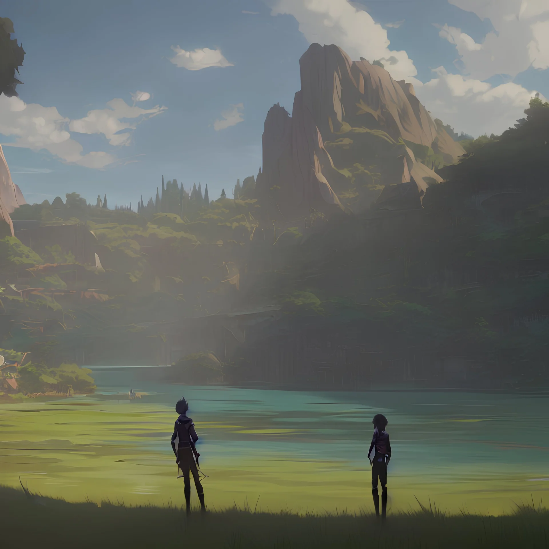 In the anime, a young male character with a young female character is near the green lake in the sunset afternoon.