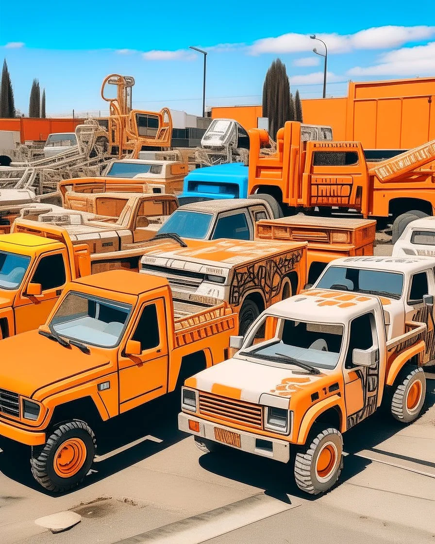 A pale orange colored junkyard with construction trucks painted by Keith Haring