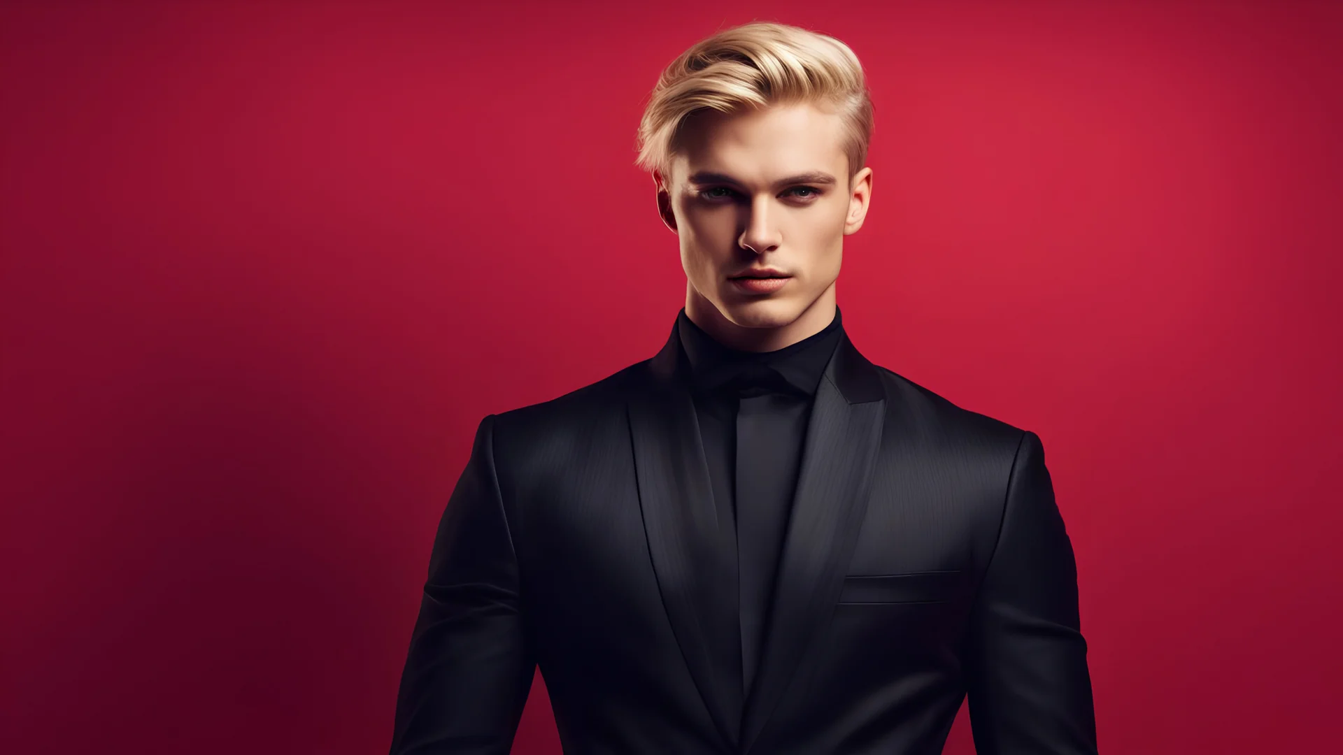 Beautiful fashionable blonde man in a black evening dress on a red background. Fashion man cloth flyer design. Beauty, fashion. Advertisement concept.