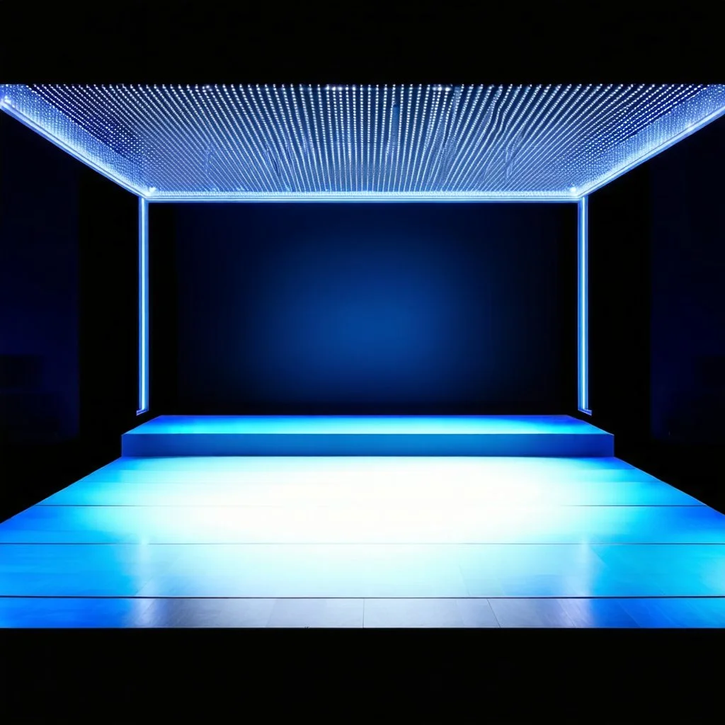 beautiful dance stage with no dancers in luxury modern hall dynamic lights, modern furniture light blue & gray theme