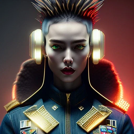 medium shot portrait, a monstress, wearing a denim jacket, realistic face, soft, red spiked hairstyle, delicate, green square eyes, intricate gold details on face, cyberpunk, powerful, horror, sharp focus, octane render, post-processing, epic composition, elegant, studio lighting, fiona staples, mandy jurgens, david finch, guillermo del toro