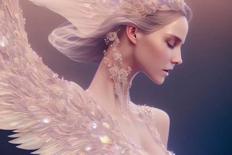 beautiful fairy very etheric, smiling, delicate colors, transparent wings, beautiful glamour dress, ultra sharp focus, 8k, unreal engine 5, extremely sharp detail, light effect, soft light atmosphere, smooth