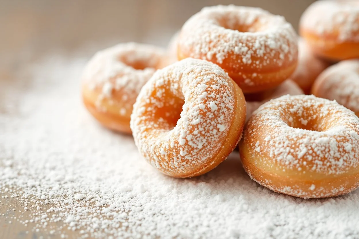 fresh old-fashioned mini doughnuts completely covered in powdered sugar