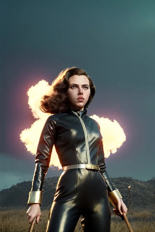 retro portrait image from 1960, explosion background, wind, long hair, young Scarlett Johansson, classic black tight lycra suit, metal stick weapon, gold bracelet and belt, high heel boots, soft color, highly detailed, unreal engine 5, ray tracing, RTX, lumen lighting, ultra detail, volumetric lighting, 3d, finely drawn, high definition, high resolution.