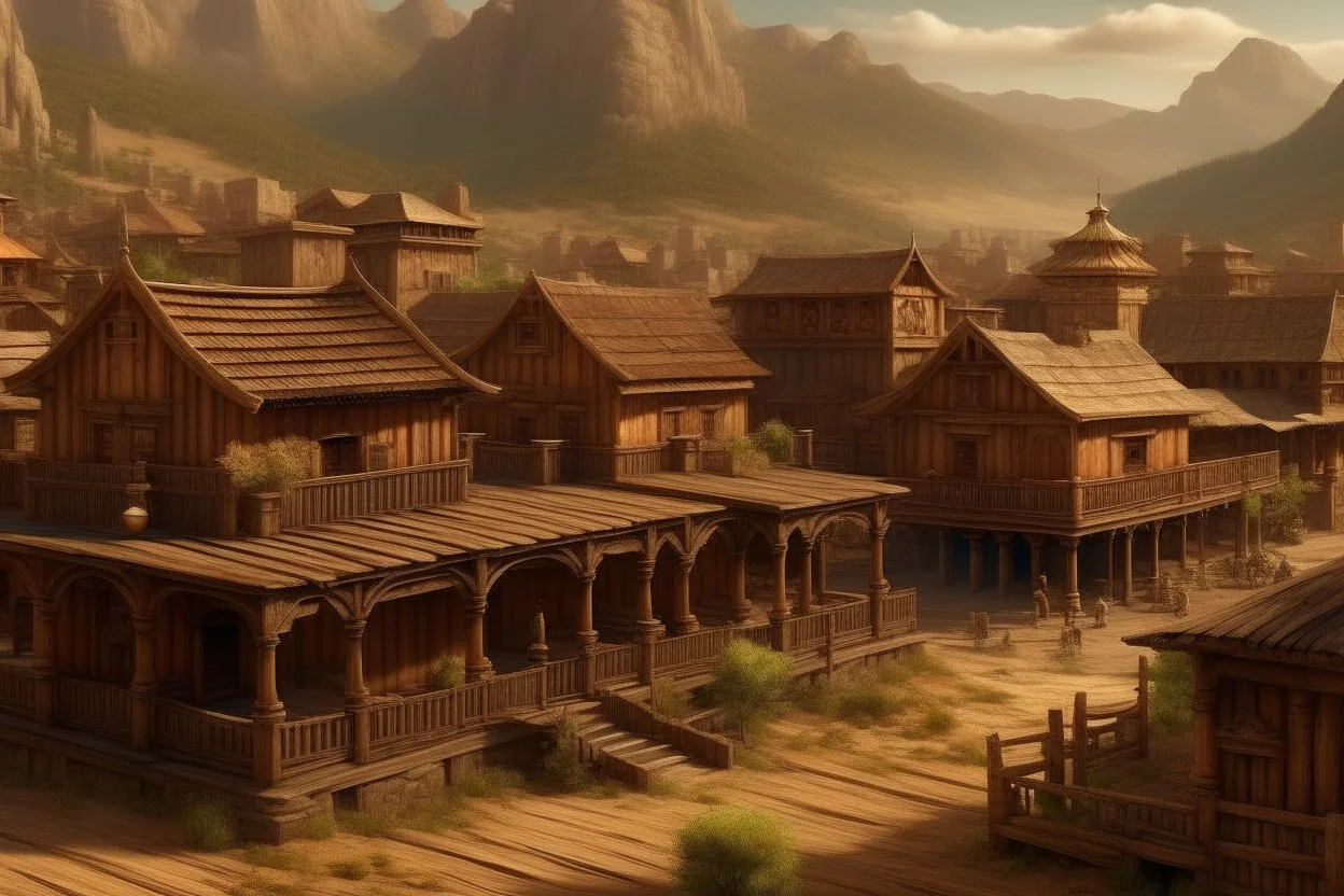 A brown old Western town on the mountains designed in Mayan architecture