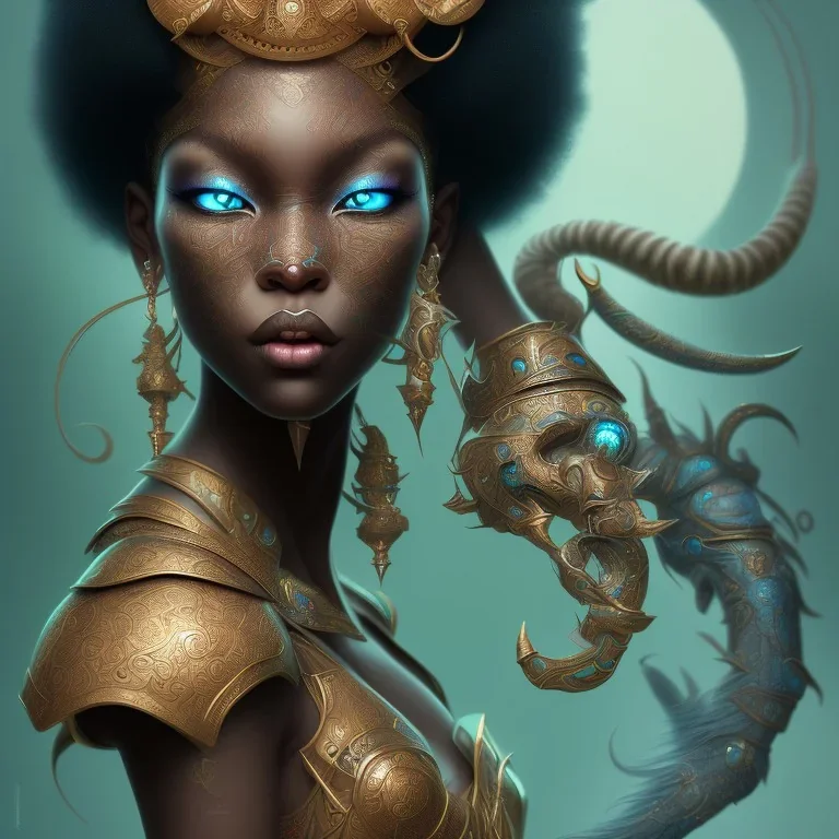 sango fantasy, fantasy magic, intricate, sharp focus, illustration, highly detailed, digital painting, concept art, matte, masterpiece head sexy view black African beauty black afro hair space lady turquoise tiger skin African Scorpion princess