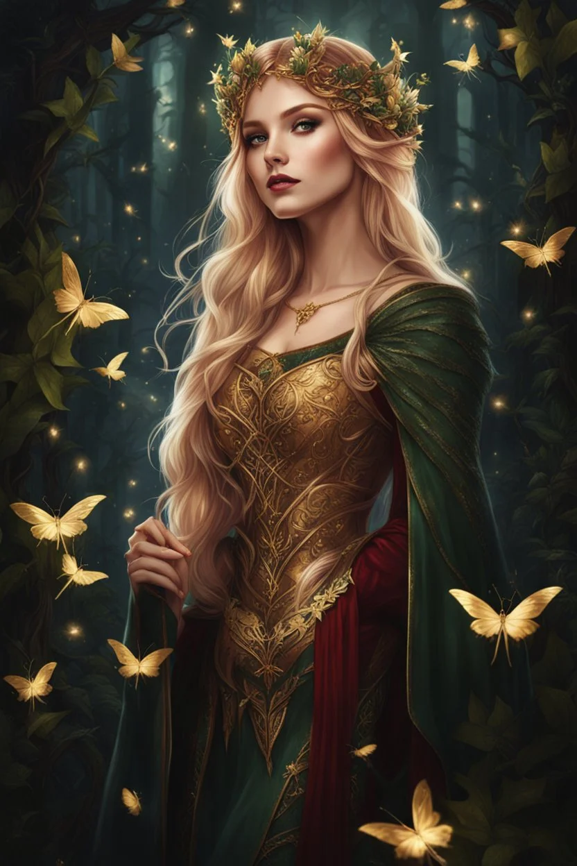 Burgundy hair, dark hair,dark red , rapunzel hair,very long hair,dark fairy princess,elven crown,night,dragonflies,beautiful,ong ashes,golden armor ,sparkle,night blooming,ivy,dark green,lilly of valley,golden elven crown,elven warrior,dark gold armor