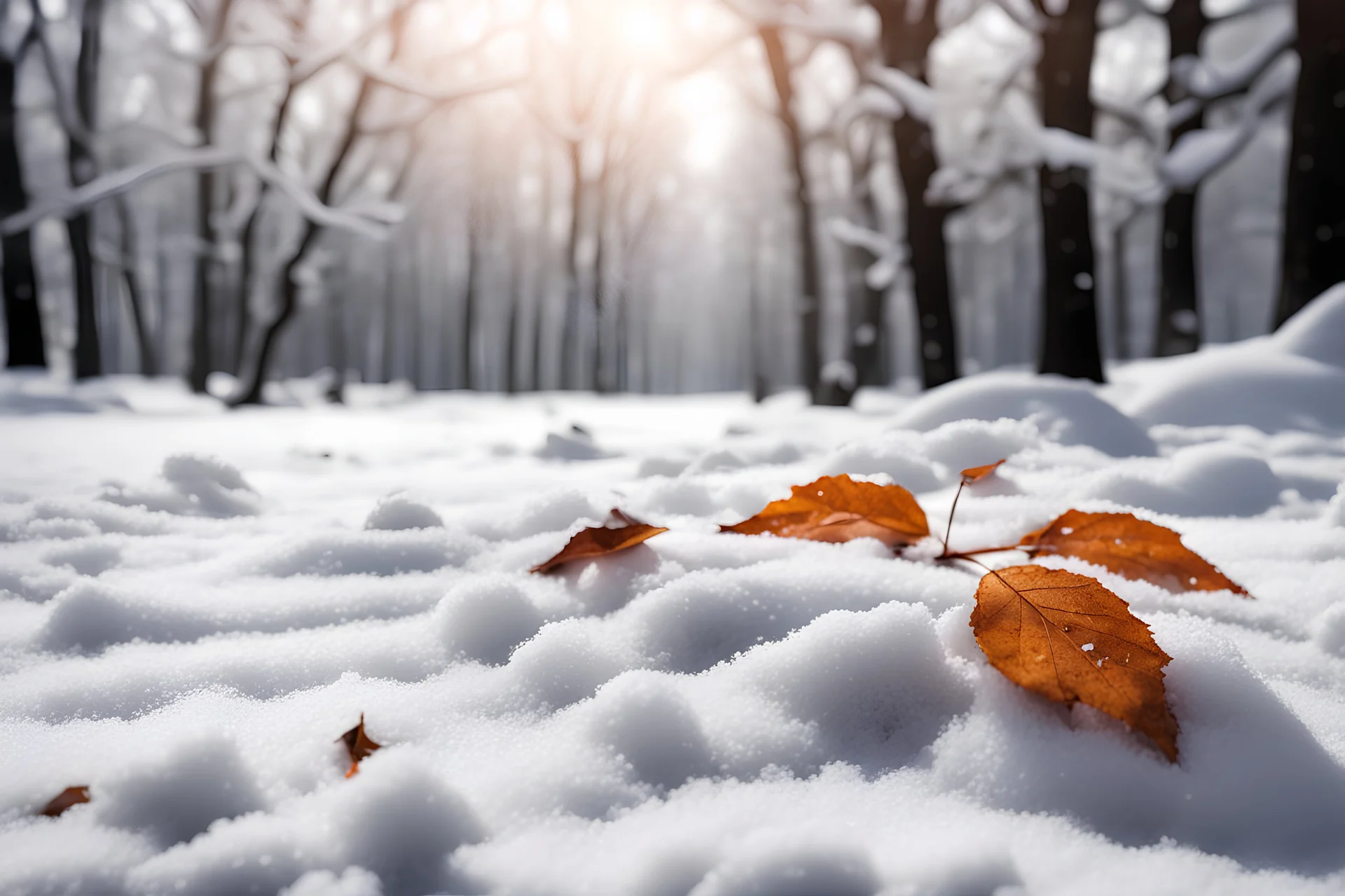 real photo, realistic photo, two leaves falling on the ground full of snow, snow scene in the background, photo, winter and autumn contrast, photo realistic, winning photo, good quality