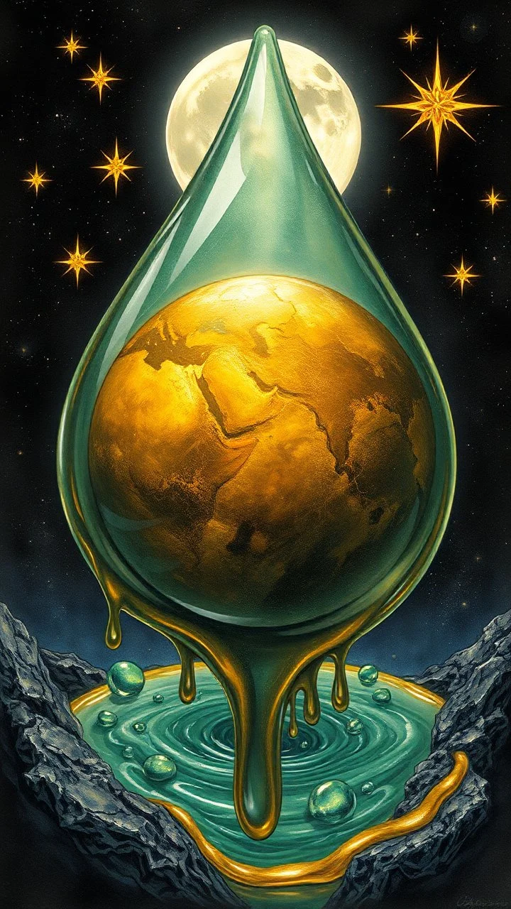 art illustration in the style of Luis Royo, large droplets of viscous and syrupy fluid, burnished jade, planet earth in crystal shape with the golden mars and crystal white transparent moon , and glowing stars in the background with golden yellow, ink black