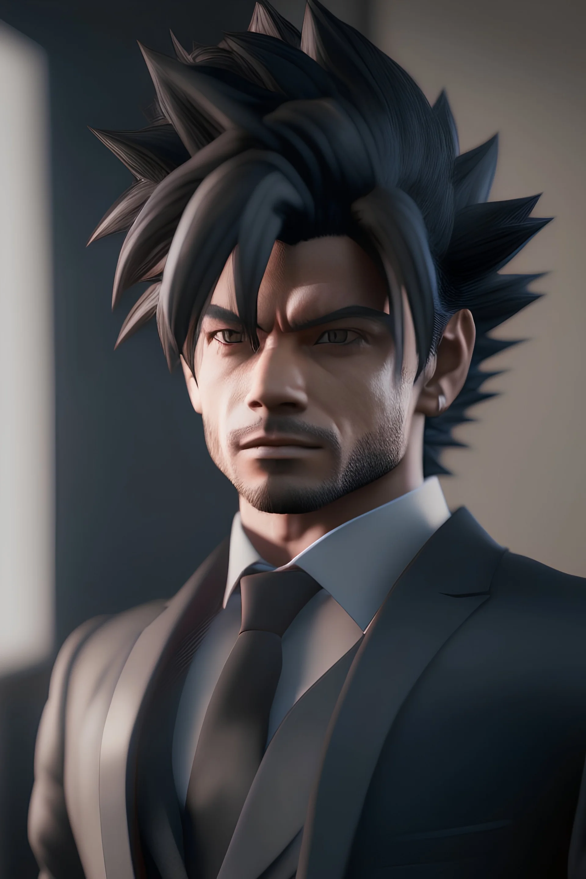 Photoreal Gorgeous Goku, wearing nice black suit, octane render, 8k, high detail, smooth render, unreal engine 5, cinema 4d, HDR, dust effect, vivid colors