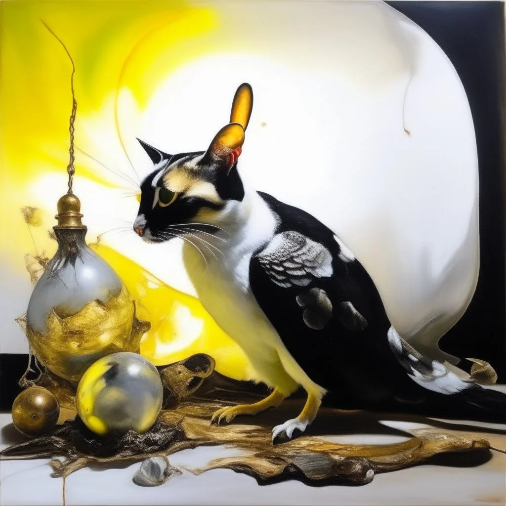 Abstract painting formed by a mix of human flesh-like surgical instruments and universe-like neuralink, a cat looking at a pigeon inside a huge bulb between light and shadow at dusk,surrealism,minimalism,Painting By Adrian Ghenie, Rene Magritte, Salvador Dali, Lucian Freud