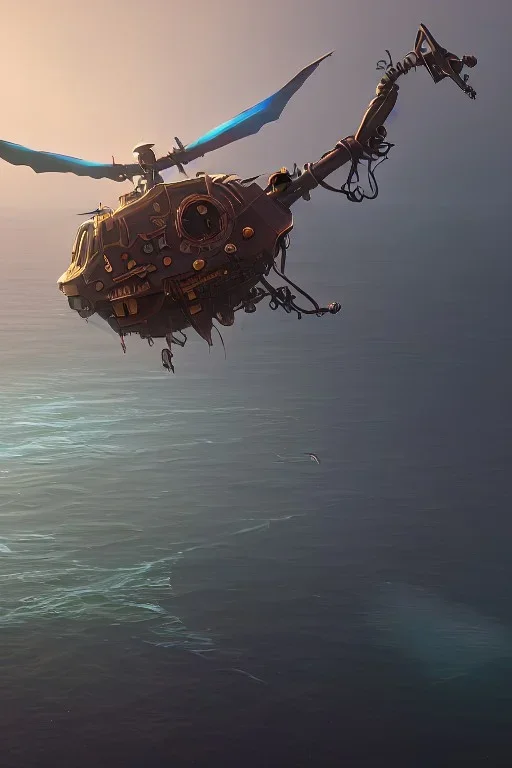 steampunk helicopter above a dangerous ocean