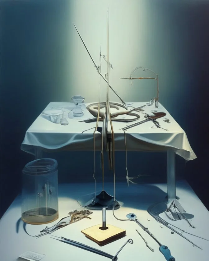 human body, universe-like table,complex surgical instruments mixed with human body-like musical instruments,minimalism,Painting By Adrian Ghenie, Rene Magritte, Lucian Freud