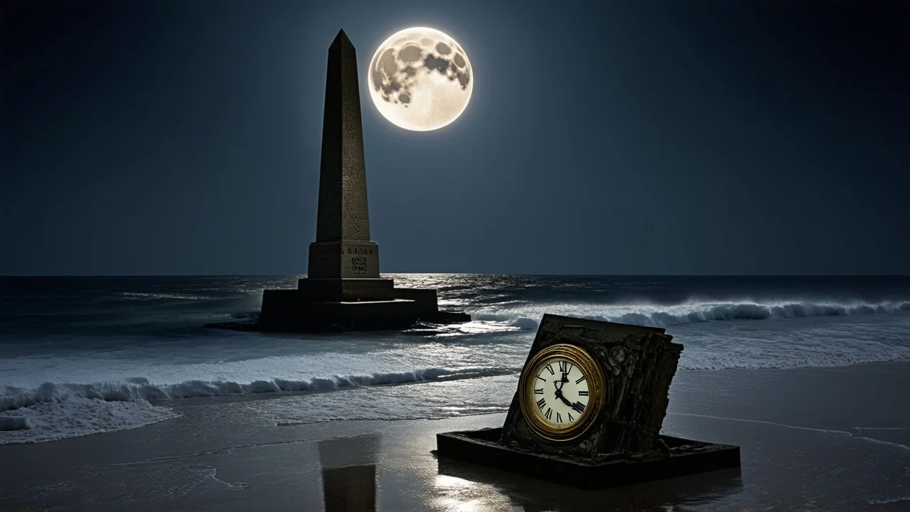 In a world where time bends like the golden waves of the shimmering sea, an ancient clock lay abandoned on the shore, its hands frozen at midnight. The towering obelisk, a remnant of forgotten eras, gleamed under the watchful gaze of a colossal moon, illuminating the landscape with an ethereal glow. As the sun dipped below the horizon, whispers of lost stories floated through the air, beckoning a lone traveler to discover what lies beyond the reflection—an adventure where moments are timeless an