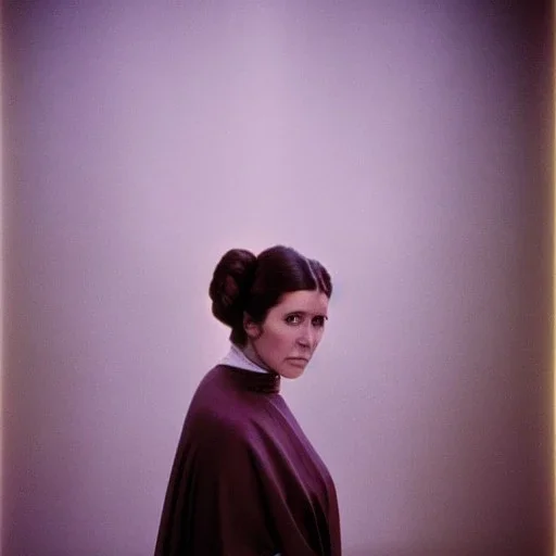 Hyperrealistic, 8k centered photographic portrait of [[Carrie Fisher as Princess Leia in Star Wars]], leica, 35 mm, technicolor, natural colors, telephoto, 24 mm, portrait photo by Annie Leibovitz, film, studio lighting, detailed skin, ultra realistic, bokeh, sharp features