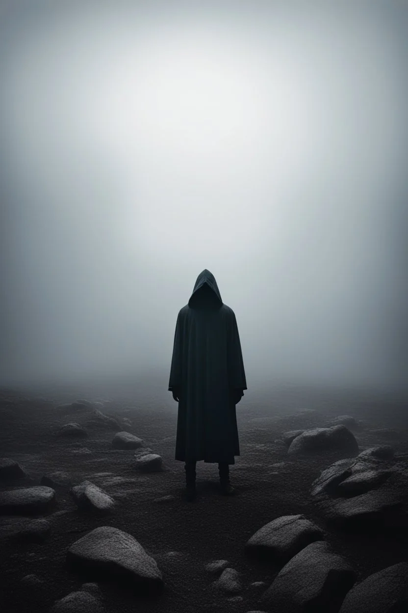 A hooded shadow standing in A rocky wasteland surrounded by fog