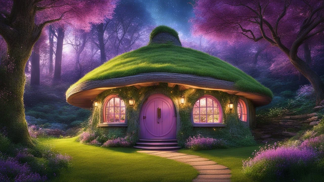 hobbit cottage in the woods surrounded by trees with fairy lights with a whimsical like feel, with pinks, blues, purple colors, circular door, circular windows, green grass roof, illustration