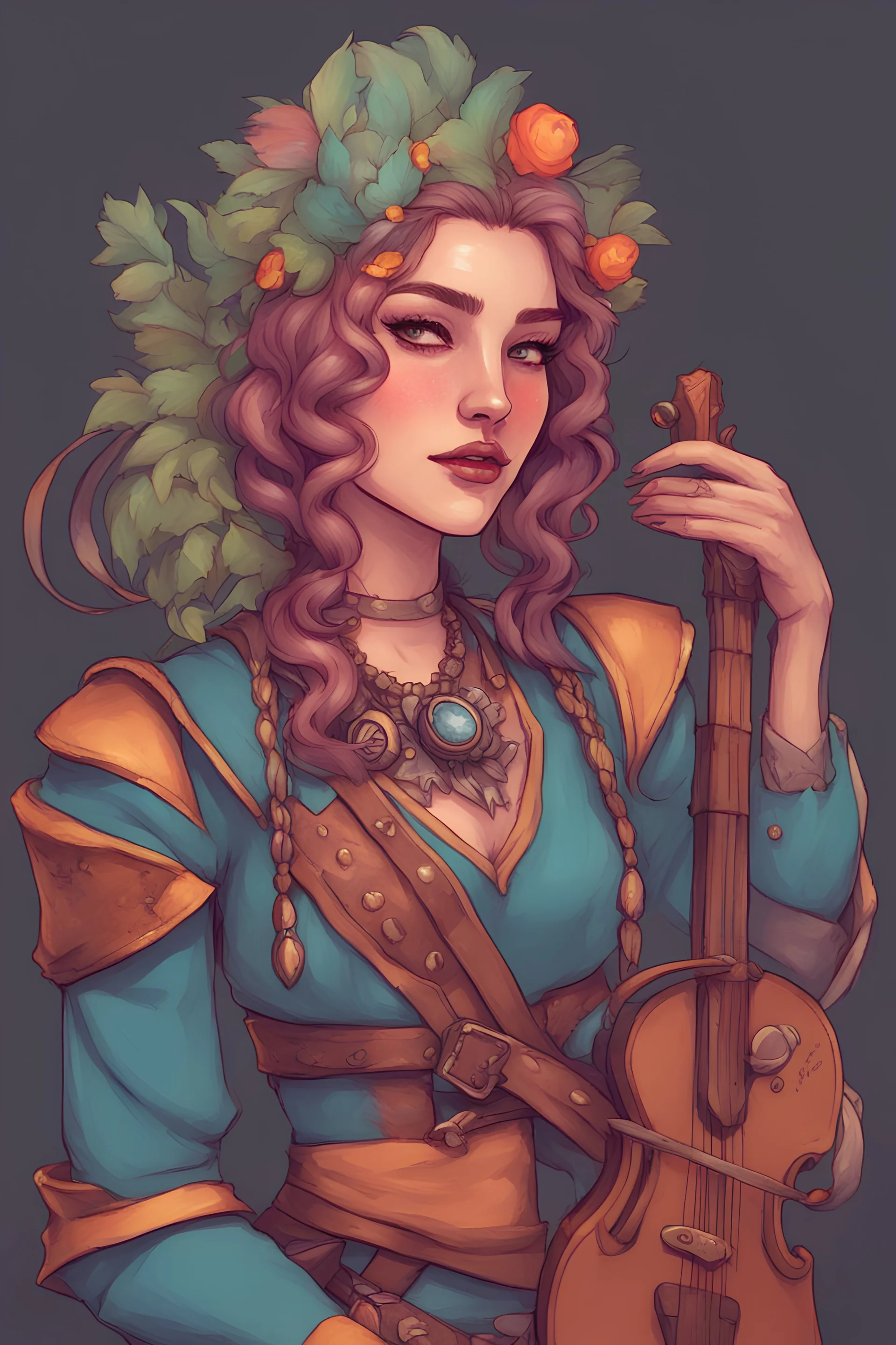 a colorful character, dungeons and dragons themed, high fantasy, female bard, by babsdraws