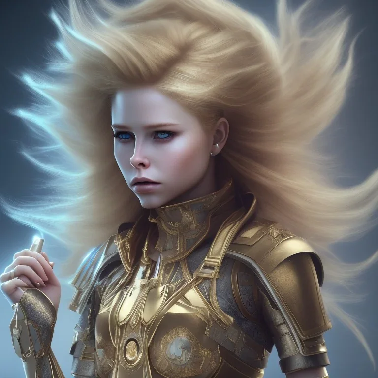 perfect face avril lavigne, golden eyes,dress armor athena, golden, particle fog, cloud, smoke