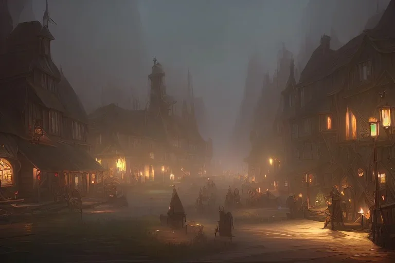 medieval fantasy poor village, rainy, stormy, dark, market, tavern, dirt path, lightning, misty