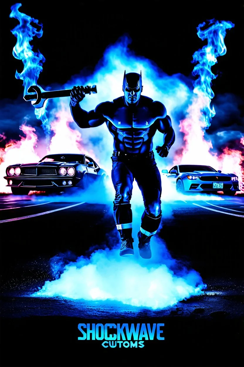 "Design a 90s-style action movie poster titled 'Shockwave Customs' with a blue theme and blue flames. Feature a super heroic mechanic in the foreground, fiercely battling thousands of adversaries with a spanner. In the background, show cars doing burnouts, creating a dynamic and intense scene. Capture the high-energy, gritty aesthetic of classic 90s action films. Prominently display the subtitle 'mmechanic negotiator' in bold, impactful lettering."