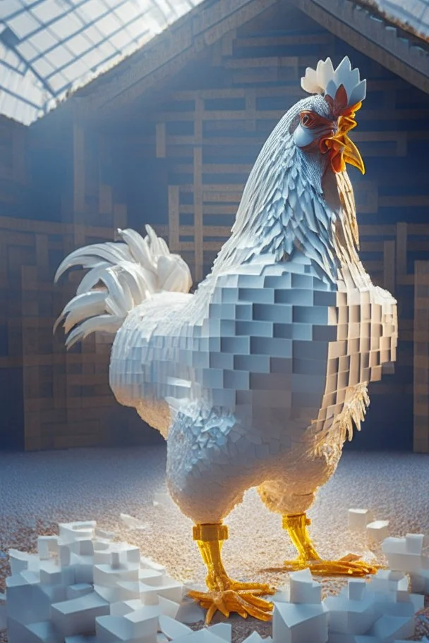 chicken in a farm made out of identical, same-sized cubes, full body portrait, full white, meticulously intricate perfectly symmetrical extremely detailed, full body and melting details, dramatic pose, portrait, pixiv daily ranking, pixiv, extreme depth of field, artstation, sculpture style, spectacular details, volumetric lighting, masterpiece, cinematic, Hollywood production, 8k resolution high definition, max octane render, vivid colors, max resolu