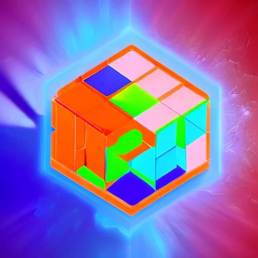 a blue metallic 4d cube inside a 4d orange rotating cube in a 4 dimension environment