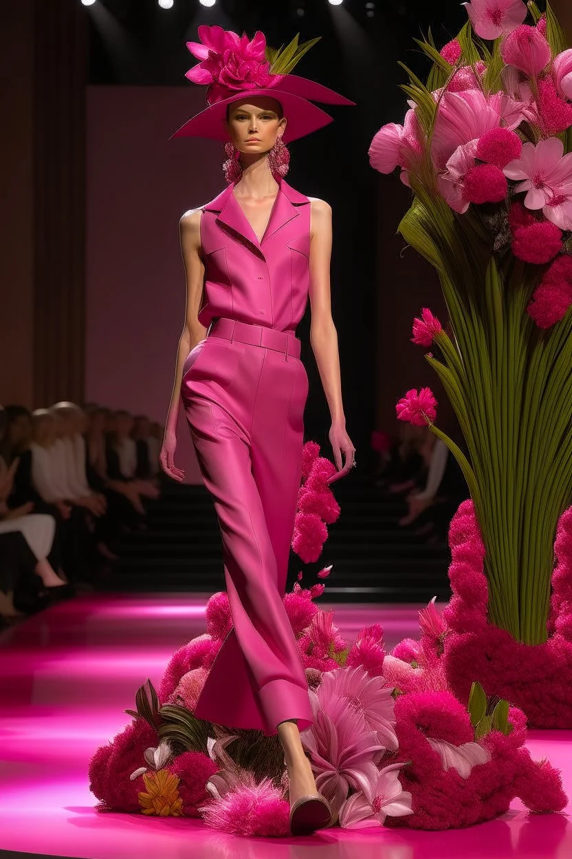 Model in runway with pink orchids like principal elements and element that recall olives trees and palm