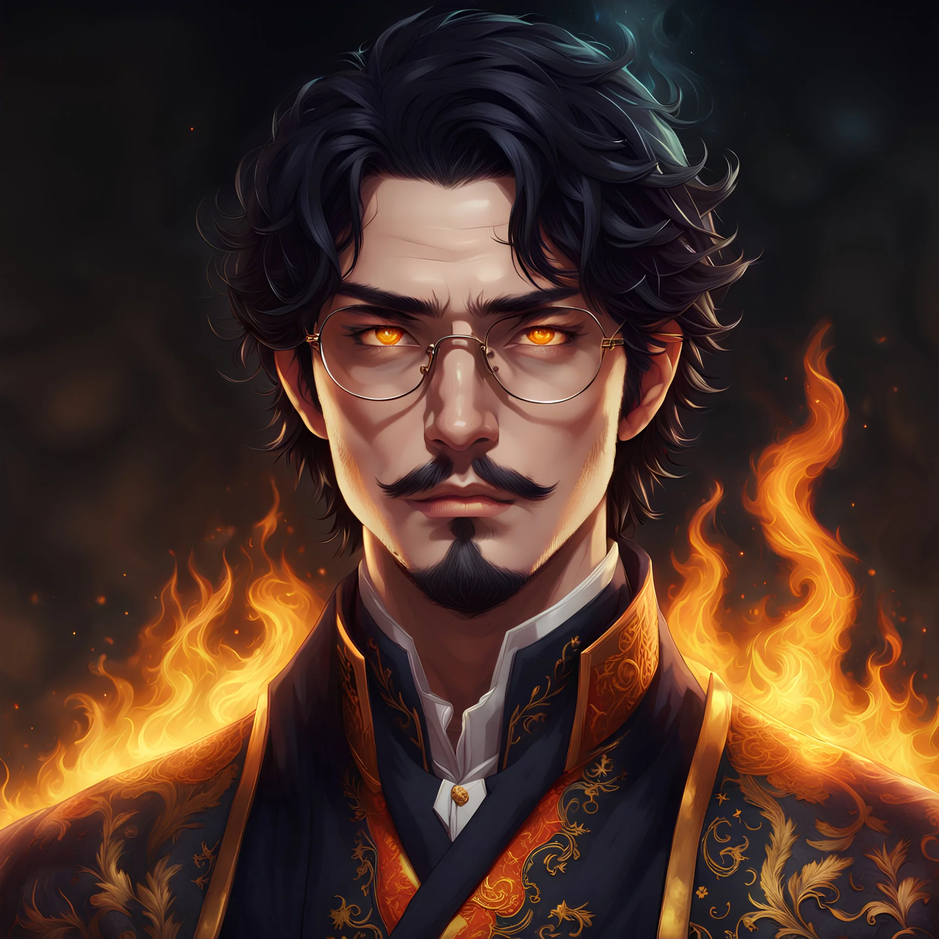 Black hair, pale, man with amber eyes with fire in them, facial hair, wearing spectacles and a scholar's outfit, fantasy, character art