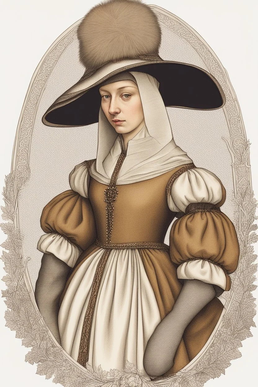 portrait of a renaissance woman in winter clothes the style of jan van eyck on a white background