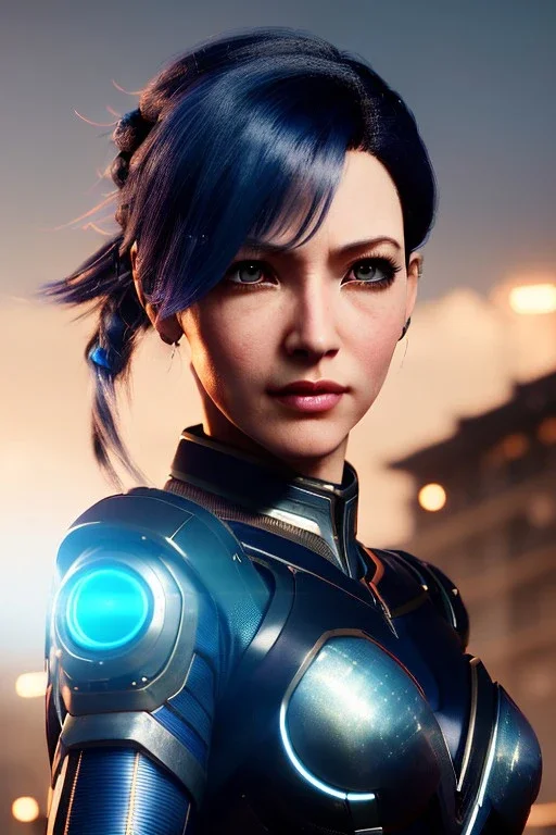 Middle age female Cyborg anime warrior, dark blue hair with grey streaks, ponytail hairstyle, orange eyes, waist up portrait, 4k resolution, intricate details, ornate details, soft lighting, vibrant colors, retroanime, masterpiece, intricate eyeliner, dark eyeshadow, futuristic cityscape background