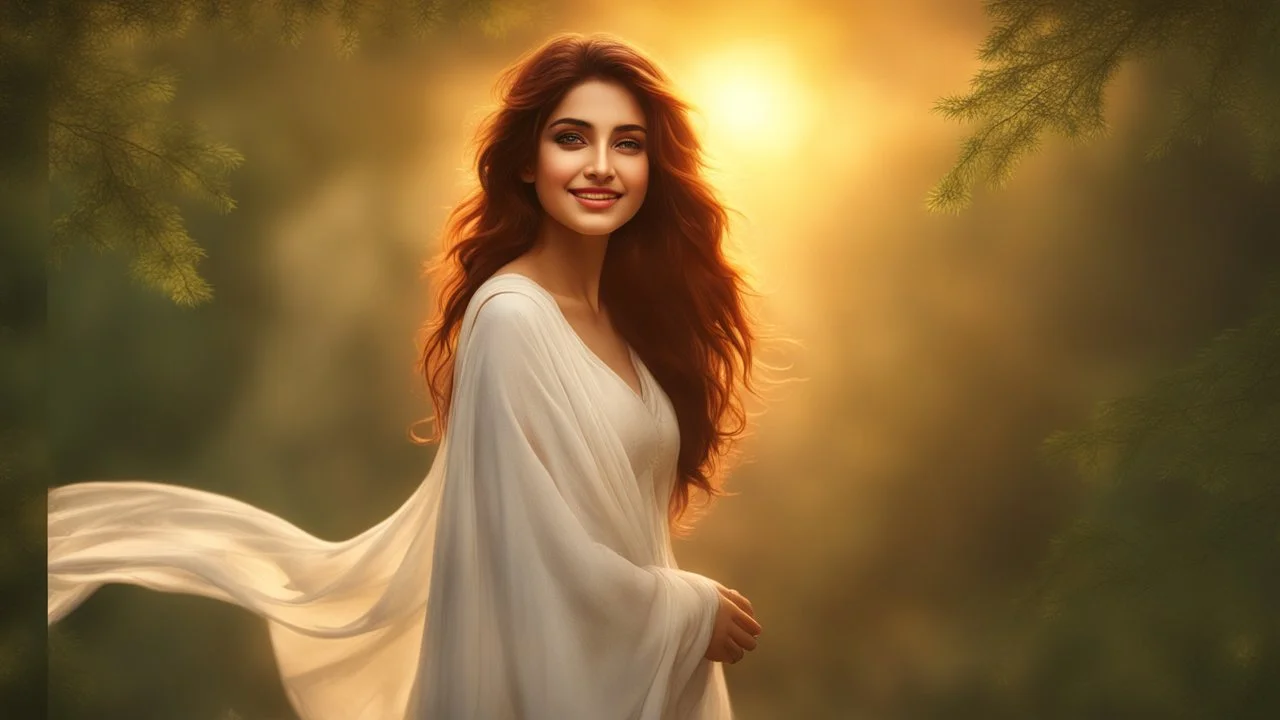 Hyper Realistic 3rd-rule-view of a Beautiful-Young-Happy-Pashto-Woman-with-beautiful-eyes-Smiling with-white-dress-with-maroon-shawl & breeze-whirling in a jungle-with-tall-trees & cloudy-sunset-&-sun-rays showing dramatic & cinematic ambiance