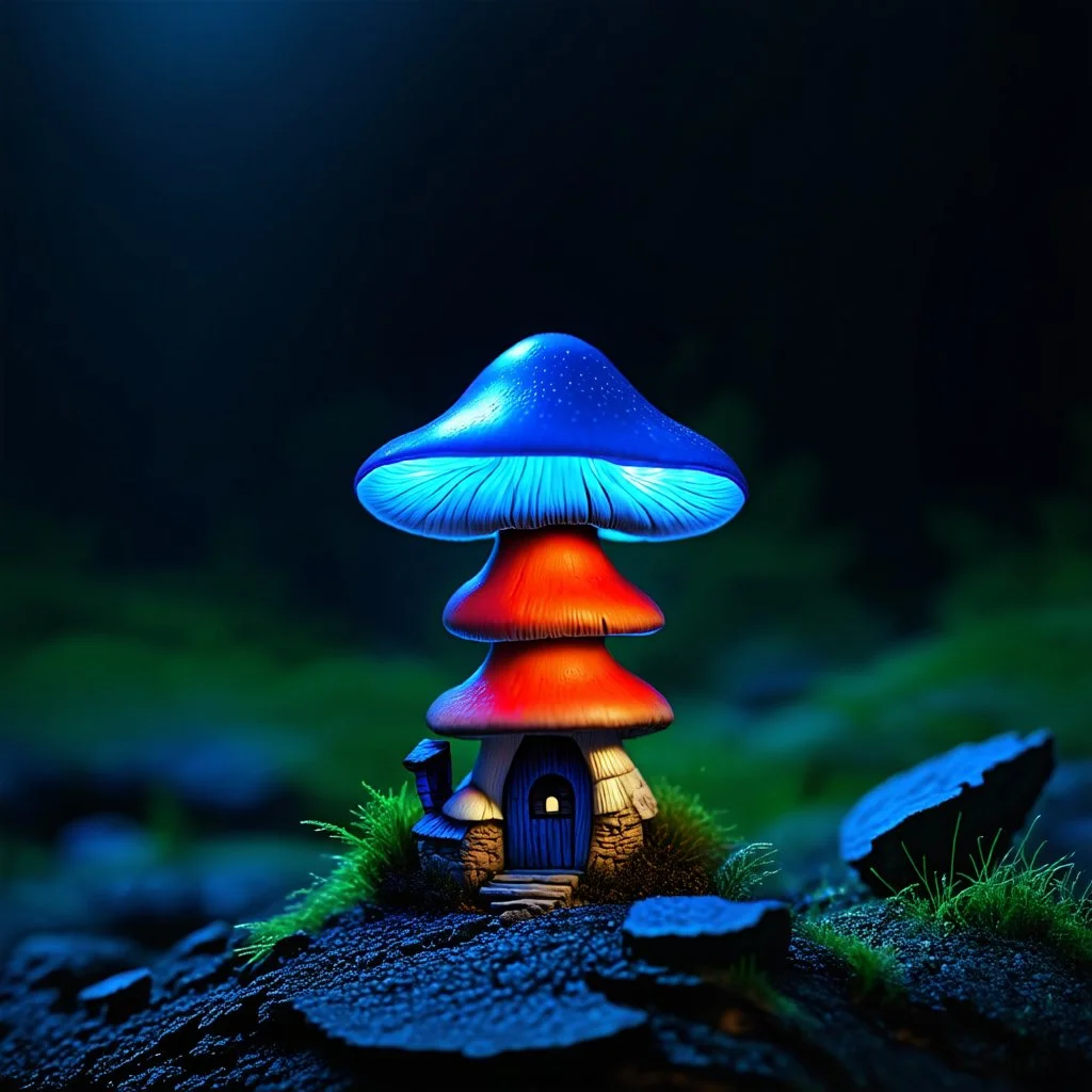 "Close up of a wonderful tiny Mushroom Tower home. blue and red with bright white, deep black and contrasting tones of gray. Illuminated bioluminescent forest. Professional painter, master at composition. small but detailed. broken, blurred background, voluminous lighting"