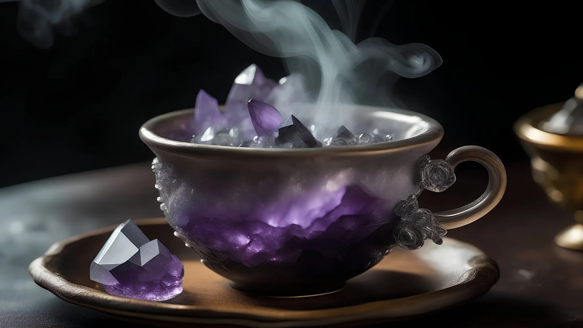 Stunning amethyst crystals rising as steam from a cup of tea.