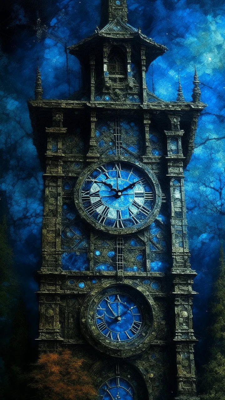 A dark blue clock tower in a galaxy designed in ancient Roman mosaics painted by Claude Monet