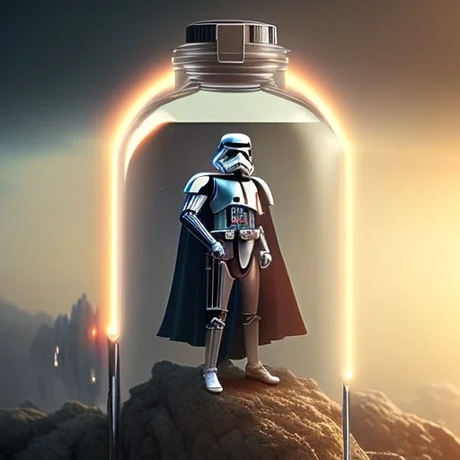 Star wars characters in a bottle floating, super high resolution, professional photograph, in focus, beautiful detail, professional digital art, stunning 4k, volumetric light, Award-winning photograph, photography, tokio background