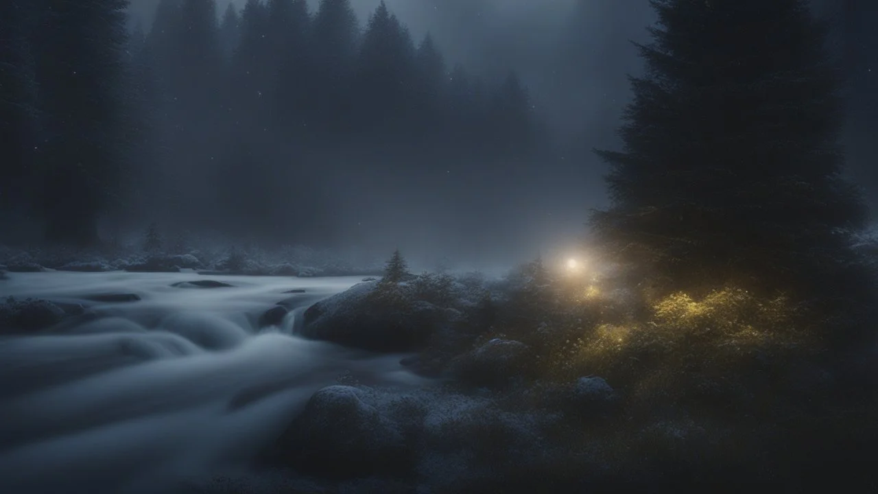 fir forest scenery, heavy mist,,creek,forest,christmas ,tree,fireflies,night,snow,fir tree,high-quality photograph,photorealistic, shot on Hasselblad h6d-400c, zeiss prime lens, bokeh , high detail, smooth render, unreal engine 5, cinema 4d, HDR, dust effect, vivid colors,night