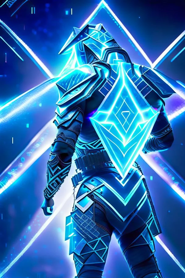 neon blue, floating triangle of light orbiting behind the back, cyber armor, geometric patterns on armor, male, orbiting triangle