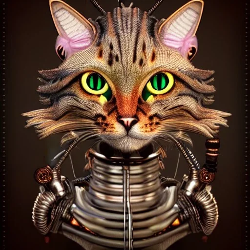 character render of mechanical tabby cat, intricate, ultra-fine detailed, steampunk, ornate, 8k, ultraHD, high-quality, 3d, realistic, trending on artstation, midjourney style, elaborate, fractal, holographic iridescent background