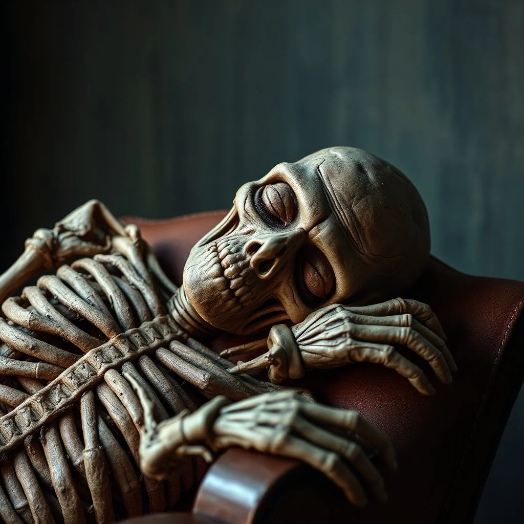 a decrepit corpse mummy slumped over in a chair, eyes closed