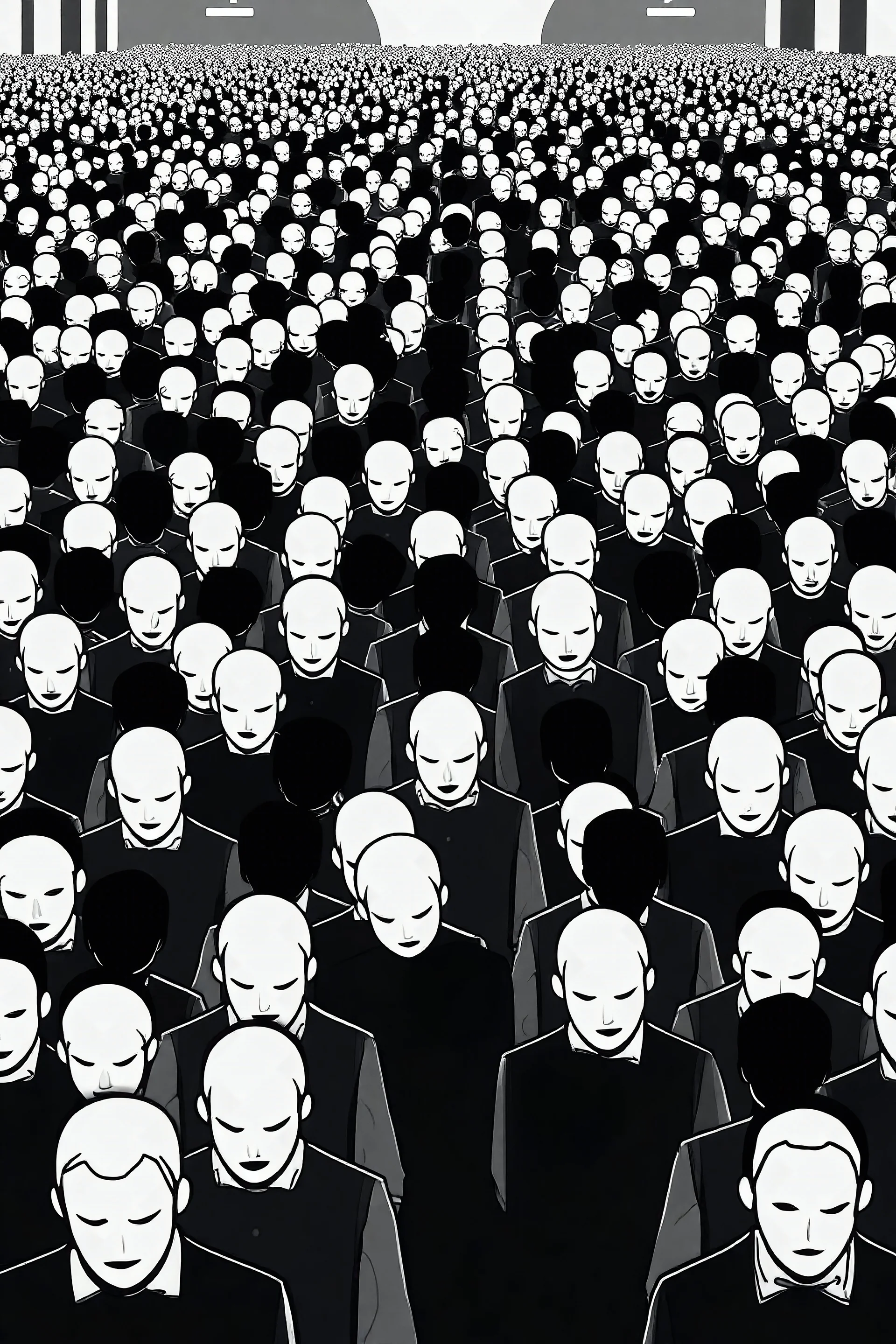 "A conceptual black-and-white digital illustration of a massive faceless crowd, walking in the same direction, heads down, symbolizing conformity. The atmosphere feels lifeless and repetitive, emphasizing the ordinary mindset of the majority."