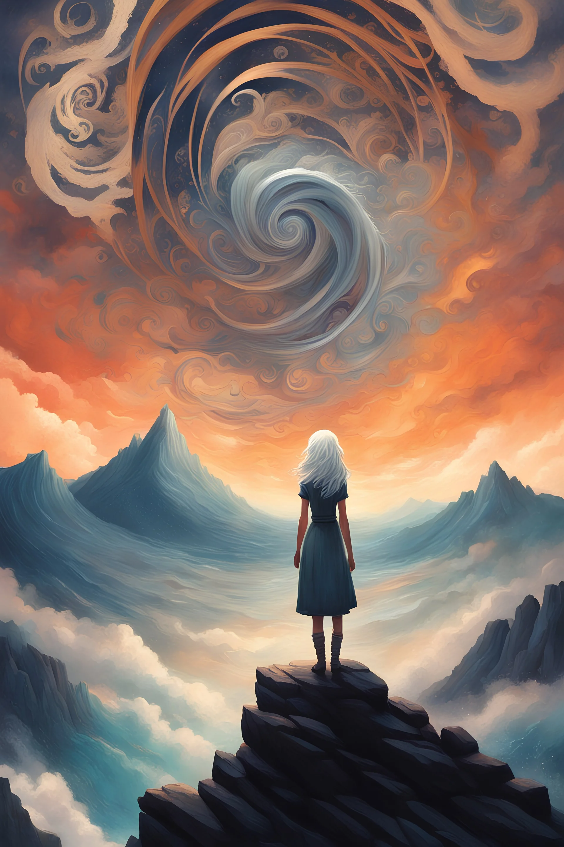 Book cover art. The sky is full of spirals. A girl with silver hair is standing on a mountain surrounded by an ocean.