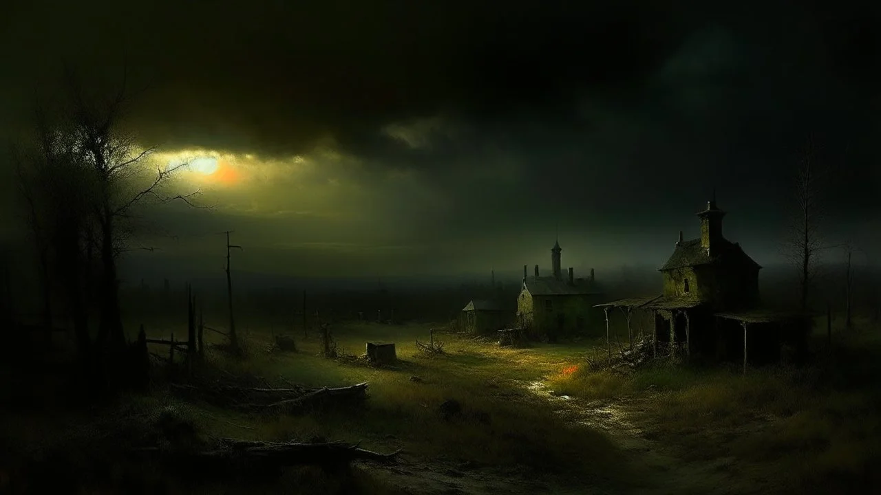 A black dark abandoned town in a dimension painted by George Inness