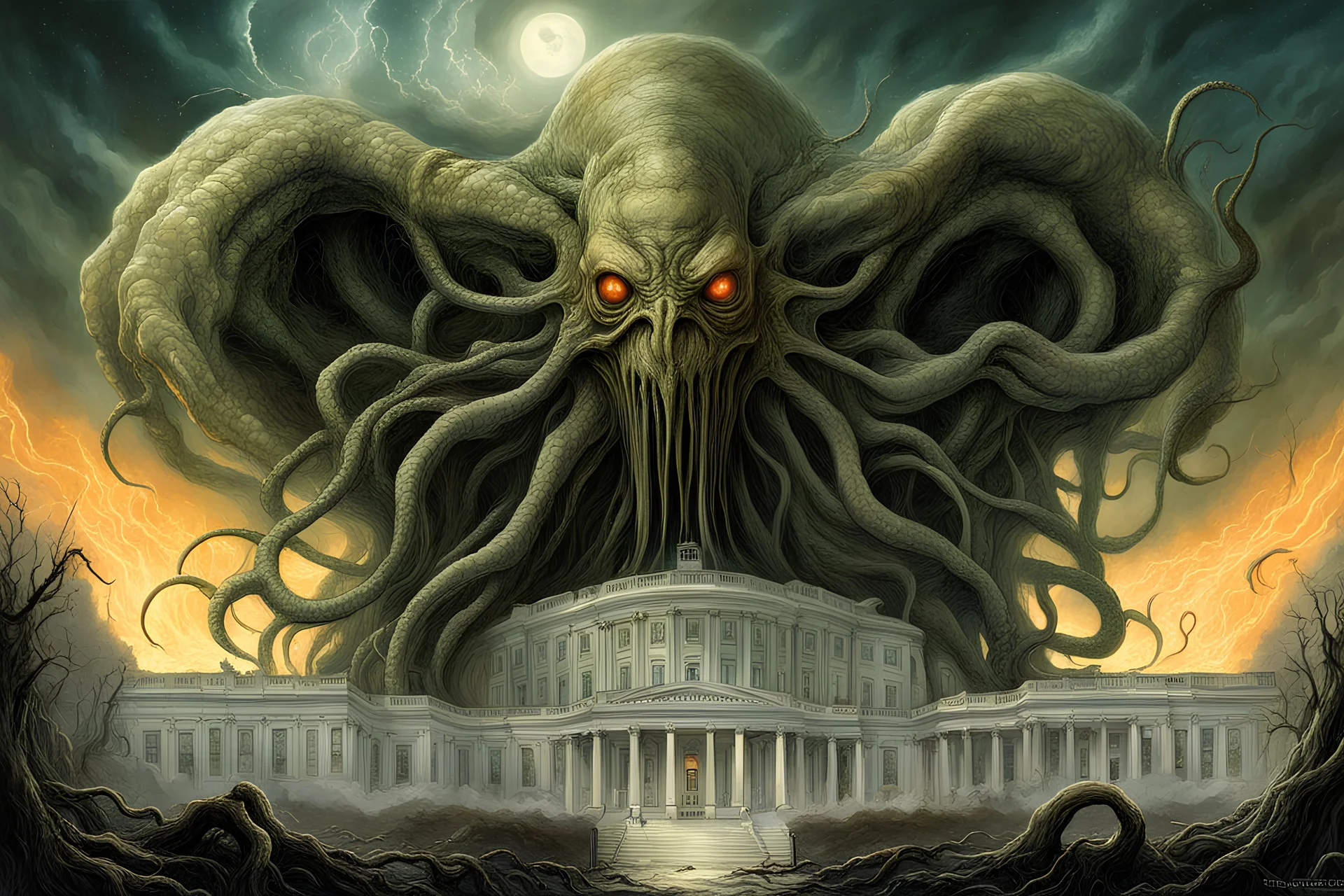 Lovecraftian elder god curls envelops the Washington White House, by Michael Whelan and Justin Gerard and Zdzislaw Beksinski and Luis Royo, Lovecraftian eruption in Washington DC , nightmarish images pour out of its mouth blanketing the sky with a miasma of Eldritch horrors, fantastical digital art, dramatic, Eldritch, hyperdetailed, dark colors, maximalism