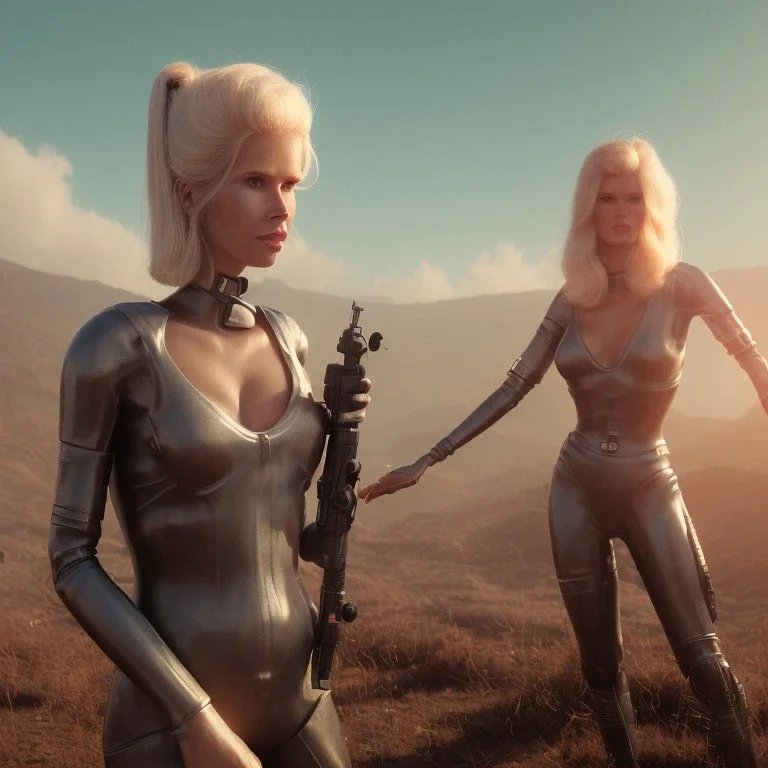 Ultra Realistic retro sci-fi movie scene, waist up view portrait, blonde woman pointing a gun, sweet young Claudia Schiffer face, perfect iris, glow eyes, makeup, weapon. Drones background, Retro sci-fi style, helmet, tight latex coat, fog, rain, soft color, highly detailed, unreal engine 5, ray tracing, RTX, lumen lighting, ultra detail, volumetric lighting, 3d, finely drawn, high definition, high resolution.